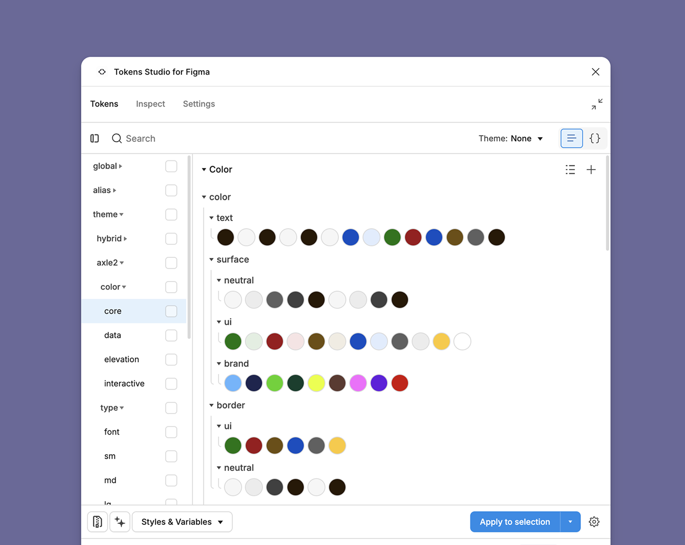 Tokens Studio for Figma showing the token structure: core, semantic, and component-level sets