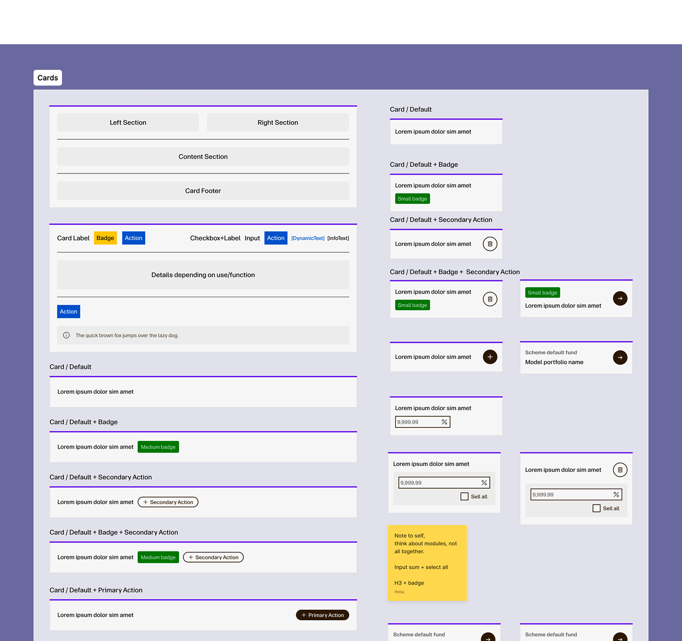 Card component structure and variations: badges, actions, inputs
