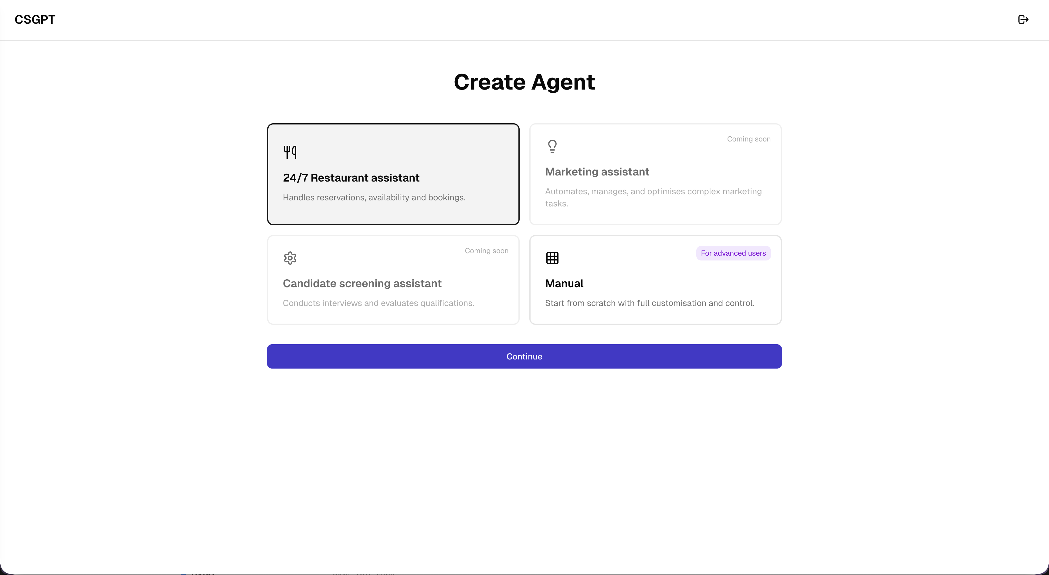 Create Agent: Restaurant assistant selected with 24/7 availability and reservation handling