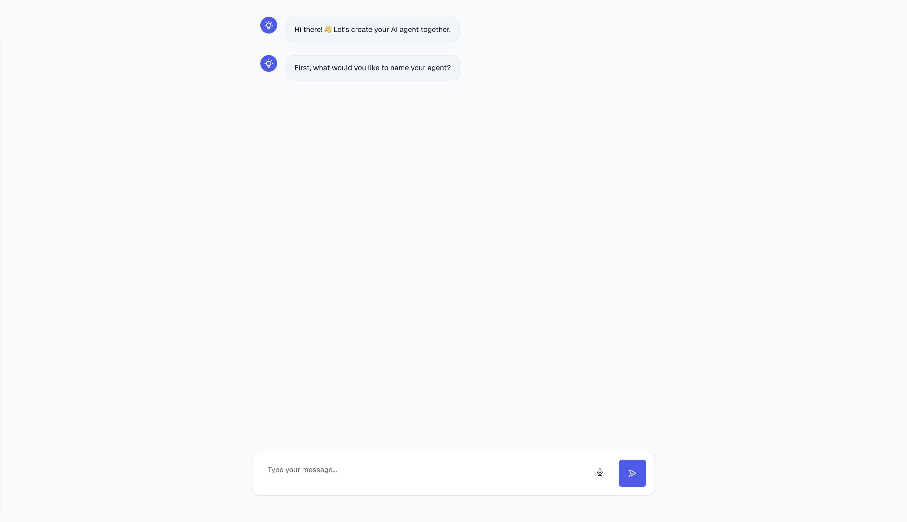 Chat interface: Hi there! Let's create your AI agent together