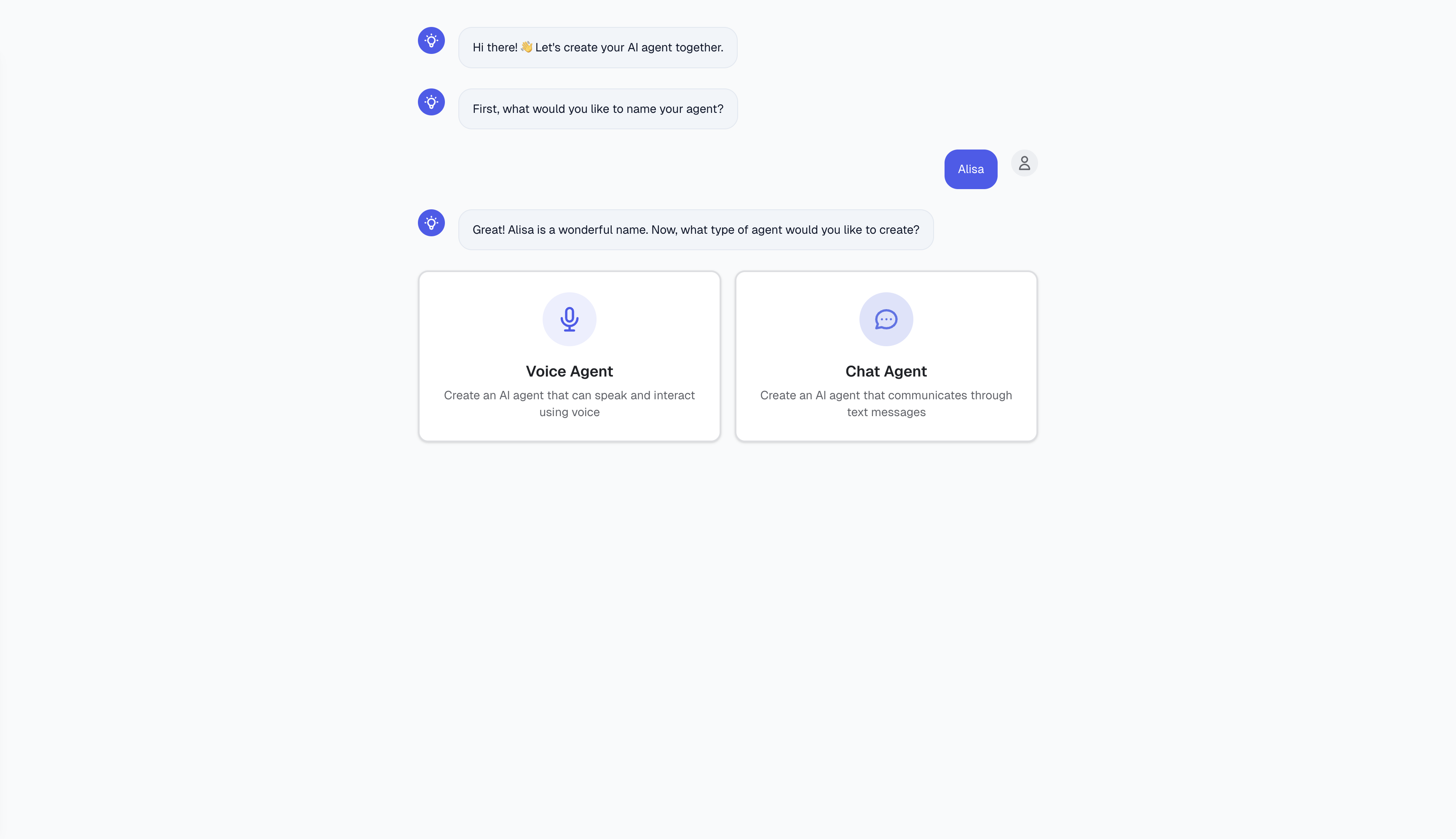 Agent type selection: Voice Agent vs Chat Agent cards