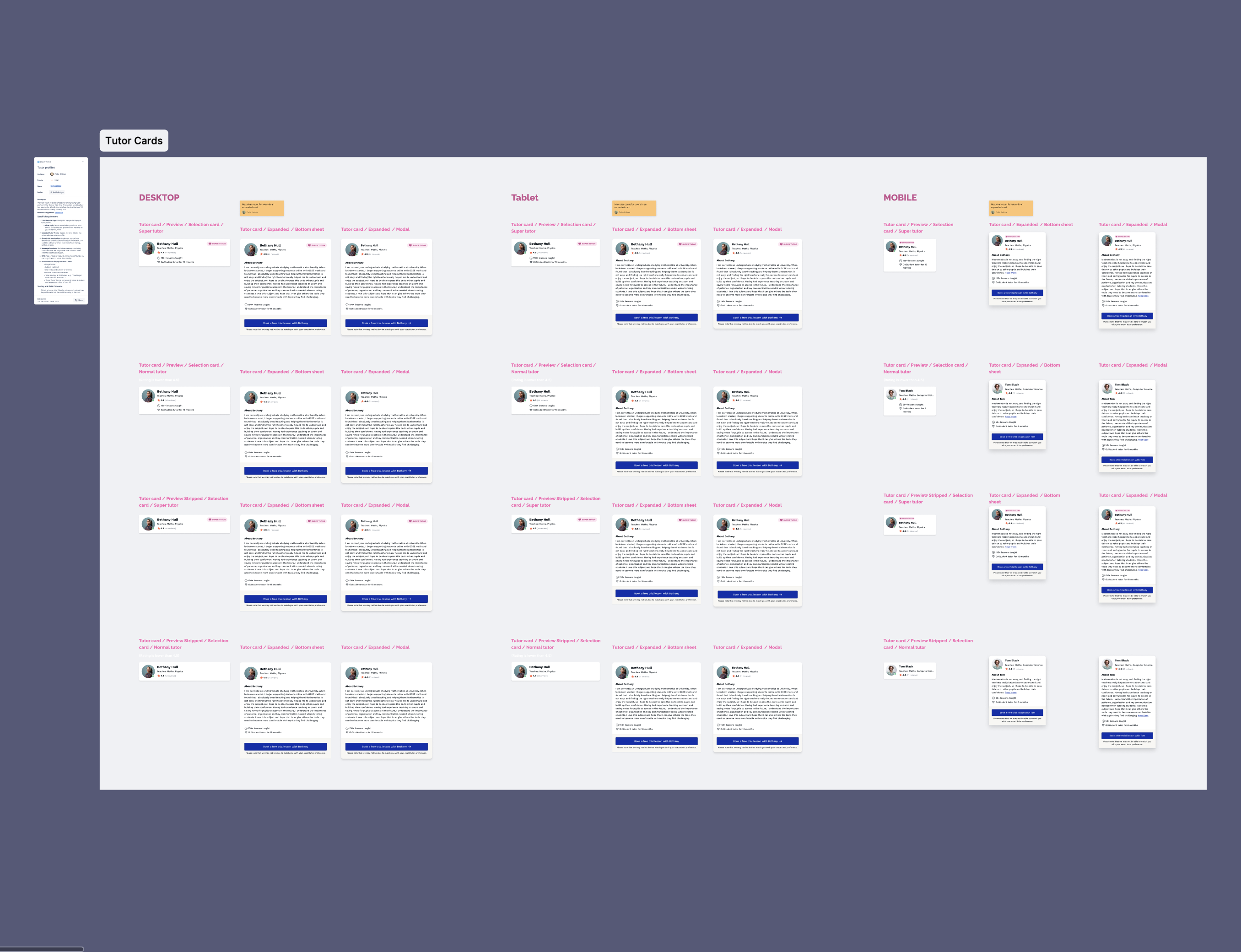 Tutor cards: preview, expanded modal, and bottom sheet states across desktop, tablet, and mobile