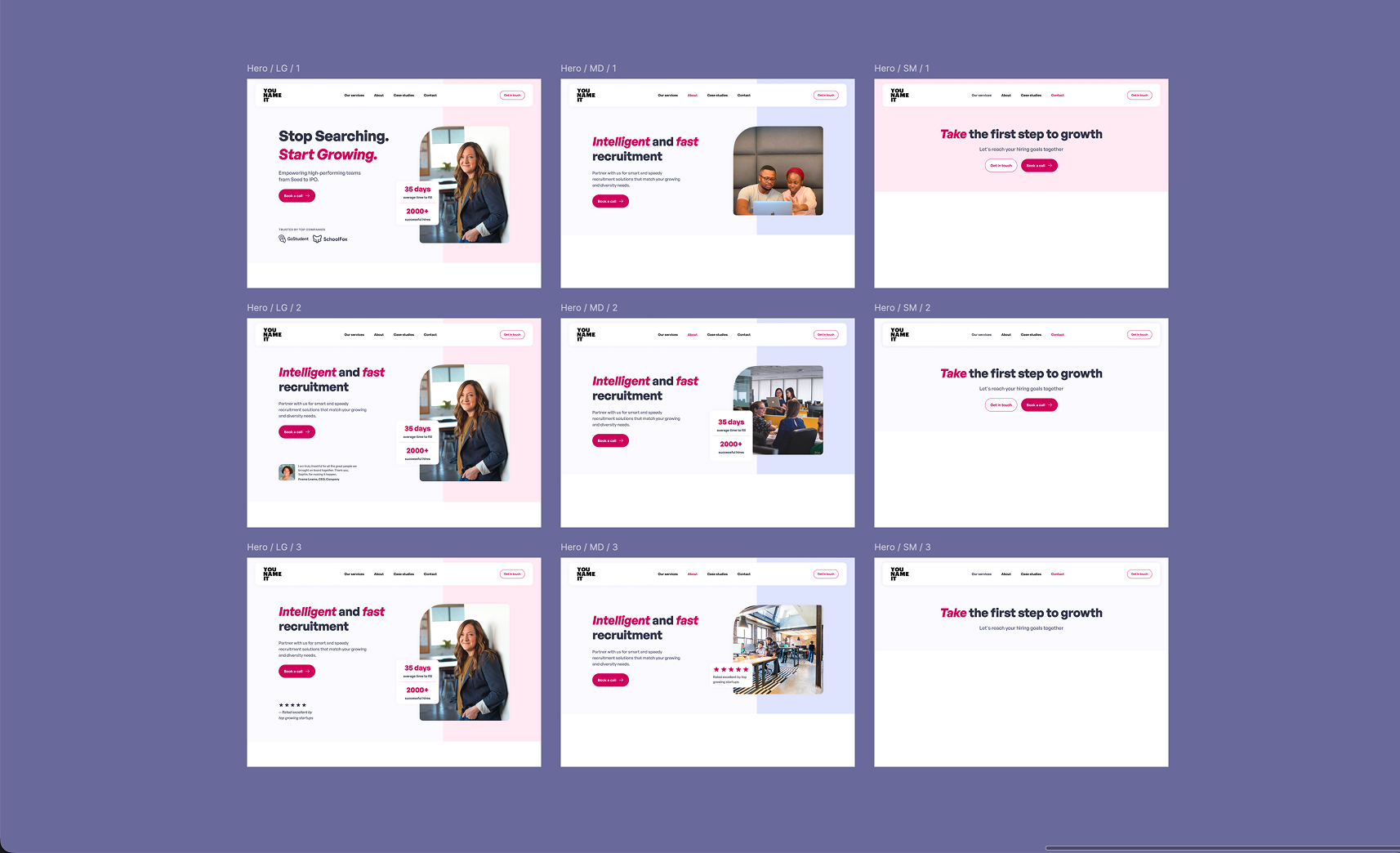 YouNameIt final website design: homepage hero and key sections
